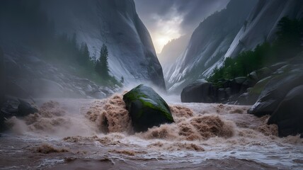 Flash flood carrying mossy boulder through narrow canyon – Perfect for natural disaster education, environmental campaigns, or dramatic landscape visuals