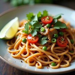 A plate of vibrant spaghetti topped with cherry tomatoes, green peas, herbs, and a savory sauce. Garnished with lime and fresh parsley, this dish looks colorful, fresh, and deliciously inviting.
