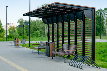 Empty Park Recreation Area with Wooden Benches