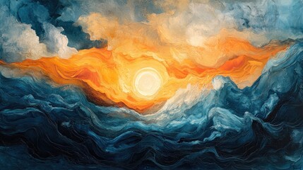 Abstract Painting of a Sunset Over Wavy Mountains