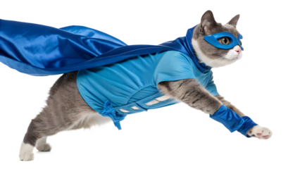 Gray cat wearing a superhero costume isolated PNG with Transparent Background