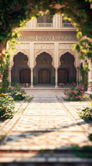 Obraz premium Beautiful courtyard surrounded by intricate architecture and vibrant flowers at a historic location during daylight hours