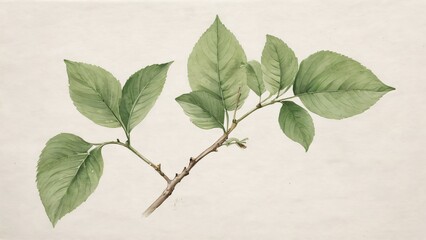 A delicate watercolor painting of a branch with several green leaves, showcasing intricate details and a vintage botanical illustration style