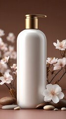 Elegant cosmetic bottle sits among soft dry flowers on a pink backdrop, ideal for product marketing and display