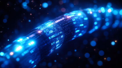 Advanced technology illuminated by digital patterns in a futuristic pipe structure with glowing elements