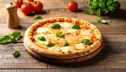Freshly baked pizza on wooden table
