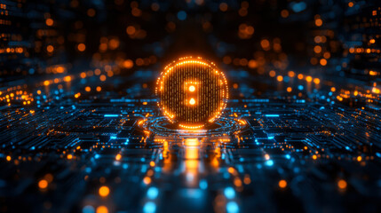 Digital currency symbol illuminated on a futuristic circuit board in a vibrant tech landscape