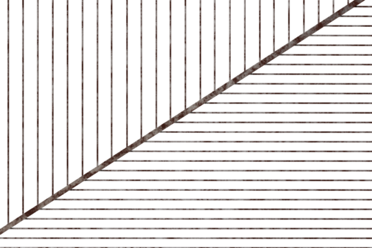 Abstract digital artwork featuring a diagonal split, revealing two textures of parallel lines in dark brown and grey tones, speckled with minute colored pixels, creating a sense of rust or decay