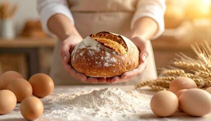 Freshly baked sourdough bread held aloft