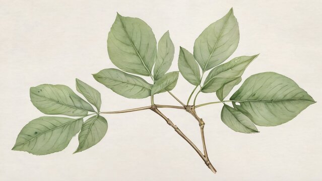 An artistic watercolor depiction of a compound leaf structure on a branch, rendered in a sophisticated botanical illustration style