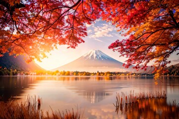 秋の紅葉と富士山と河口湖の風景イラスト