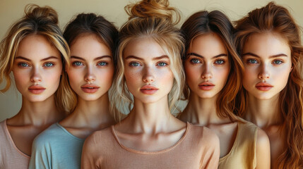 Obraz premium Group of young women with diverse hairstyles and makeup posing together in a soft light setting indoors