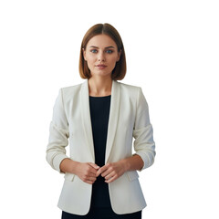 A confident and professional businesswoman in a white blazer and black top poses for a studio portrait isolated on transparent background