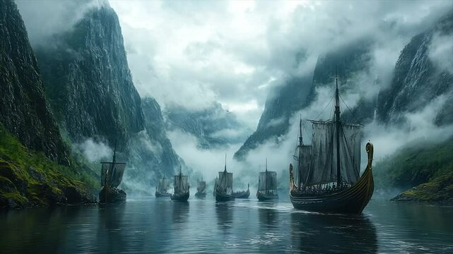 Viking longships navigate a misty fjord, surrounded by towering mountains