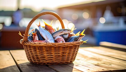 Freshly caught fish in a wicker basket
