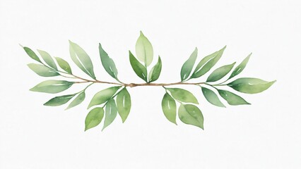 An elegant watercolor artwork of a symmetrical branch with numerous green leaves, presented as a beautiful botanical flourish