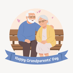Happy Grandparents Day card.Grandmother and grandfather together. Happy retirees, grandparents. Vector illustration in flat style