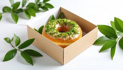 Freshly frosted donut in a cardboard box with green leaves