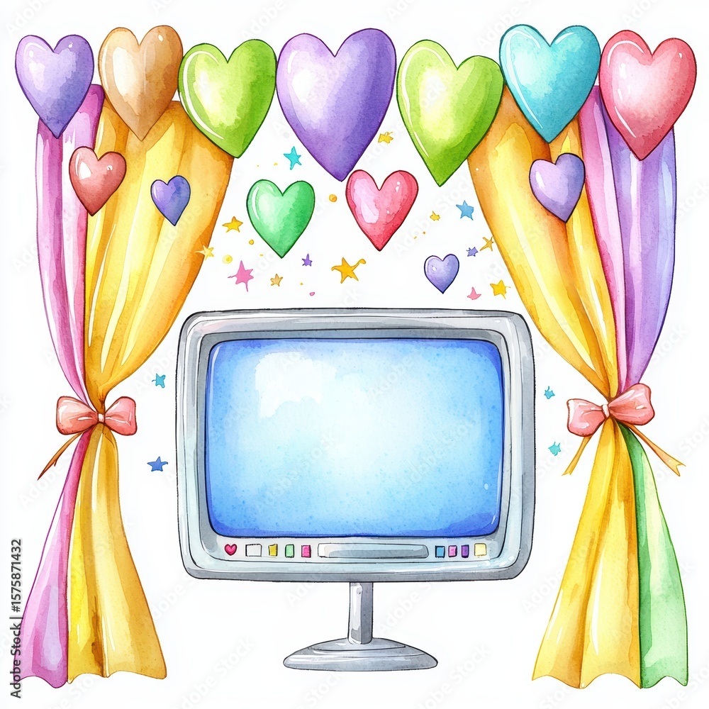 Poster a colorful computer monitor framed by yellow curtains and floating heart-shaped balloons in various 