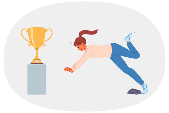 Woman falls on path to success and fail in desire to get golden cup symbolizing leadership in society. Fail for businesswoman who stumbles while performing task and does not deserve reward