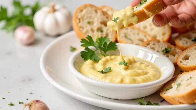 Creamy garlic dip served with toasted bread on white plate, delicious and simple appetizer. Garlic dip with bread offers great flavor combination with herbs,