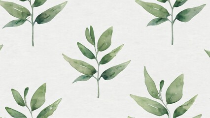A repeating pattern of delicate green watercolor leaves on a textured offwhite background, evoking a sense of natural beauty and organic design
