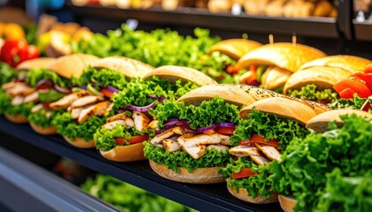 Freshly prepared chicken sandwiches displayed in a store