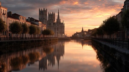 Fototapeta premium Soft reflections of a majestic cathedral in a slow-moving river flowing through the city landscape