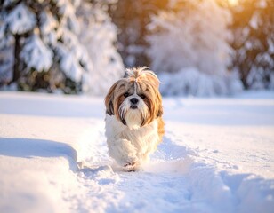 Fluffy dog running in snow