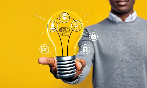 A hand holds a lightbulb with internet icons. A symbol of ideas, tech, business. Yellow backdrop