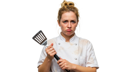 Sad female chef in dirty uniform holding spatula 