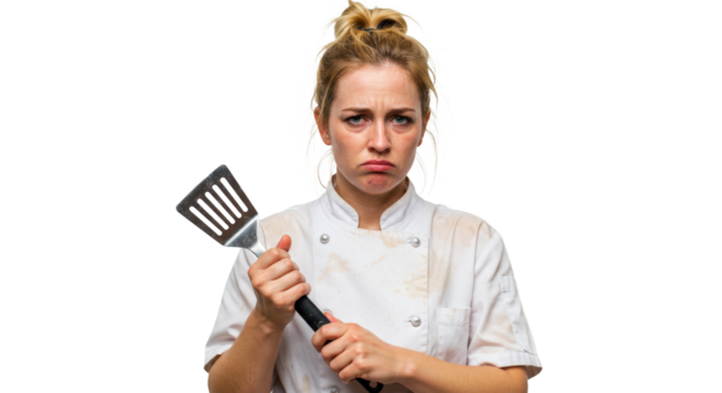 Sad female chef in dirty uniform holding spatula 