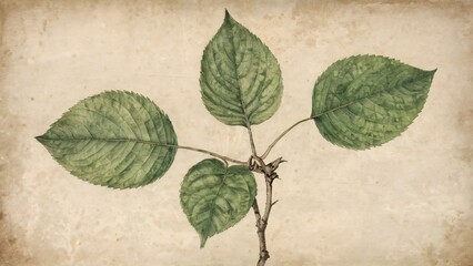 An antique botanical illustration of a small green plant with four leaves on a branch, set against a textured, aged paper background