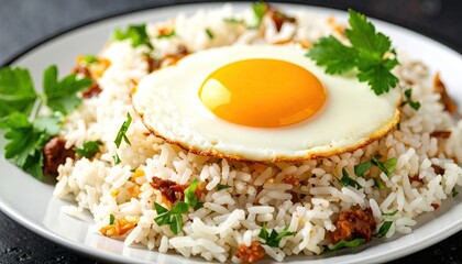 Fried egg atop rice dish