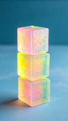 A stack of three translucent colorful cube shaped candies with a gradient of pink yellow and green hues against a soft blue background
