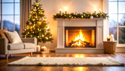 Warm and festive christmas living room with decorated fireplace tree cozy