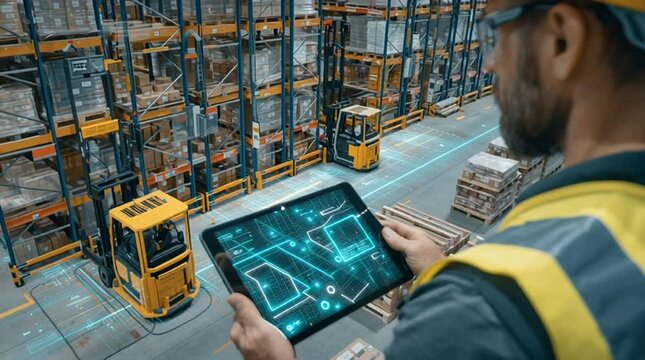 Concept of smart warehouse, inventory optimization, and supply chain technology.