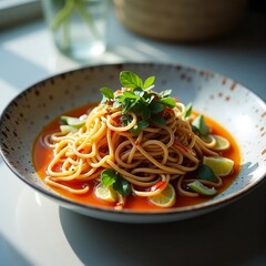 A plate of vibrant spaghetti topped with cherry tomatoes, green peas, herbs, and a savory sauce. Garnished with lime and fresh parsley, this dish looks colorful, fresh, and deliciously inviting.
