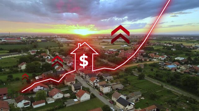 Aerial of rural American neighborhood at sunrise with rising graphic chart showing real estate price growth