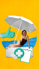 Bold collage. Relaxed woman under white umbrella sitting on medical case near sea with glove and...