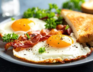 Fried eggs, bacon, and toast