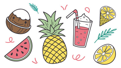 A vibrant illustration featuring cheerful fruits and refreshing drinks, perfect for summer vibes.