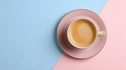 Coffee cup with creamy beverage sits on a pastel pink and blue background, showcasing a minimalist design that emphasizes tranquility and relaxation in a modern setting