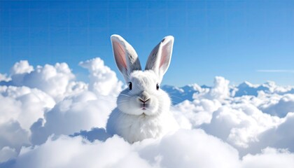 Fluffy white bunny in a fluffy cloud sky