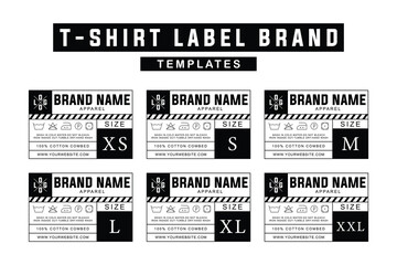 Apparel Label Template Set. T-Shirt Size Tags XS to XXL with Care Instructions for Fashion Branding