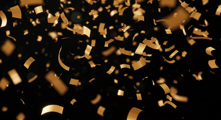 Golden confetti falling on black background, creating festive and celebratory mood, ideal for party invitations or celebratory designs
