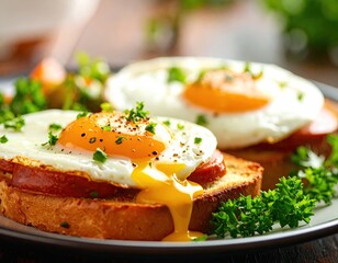 Fried eggs on toast, garnished with parsley