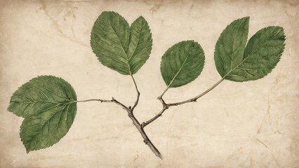 An antique illustration of a green branch with five leaves, rendered in a detailed drawing style on a textured, aged paper background