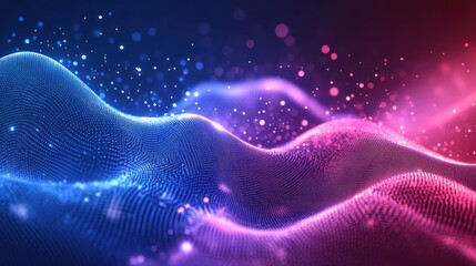 Naklejka premium Abstract Blue and Pink Wavy Digital Grid with Glowing Particles