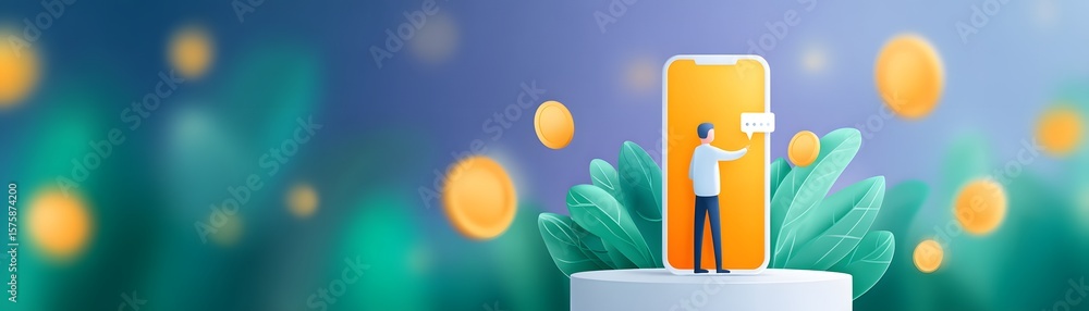 Poster a person unlocking a large smartphone with digital coins floating around, symbolizing mobile securit